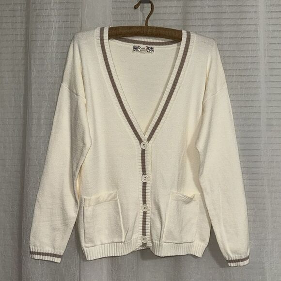 Pink Republic M Ivory Tan Stripe Trim Knit Button V-Neck Cardigan with Pockets - Picture 6 of 16